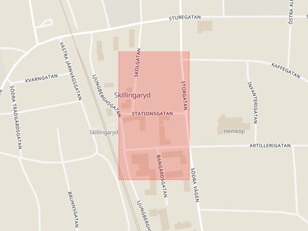 Karta som med röd fyrkant ramar in Stationsgatan, Skillingaryd, Vaggeryd, Jönköpings län