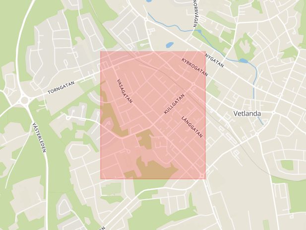 Karta som med röd fyrkant ramar in Vasagatan, Vetlanda, Jönköpings län