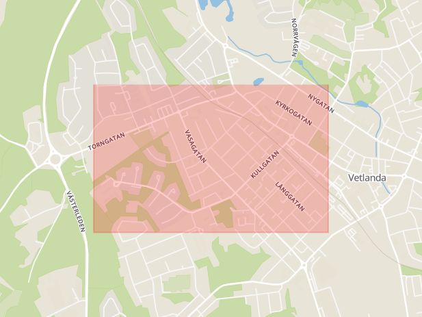 Karta som med röd fyrkant ramar in Kullgatan, Vetlanda, Jönköpings län