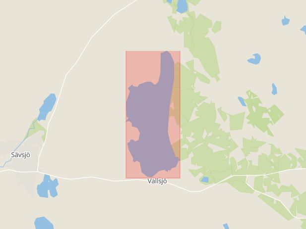 Karta som med röd fyrkant ramar in Vallsjön, Sävsjö, Jönköpings län