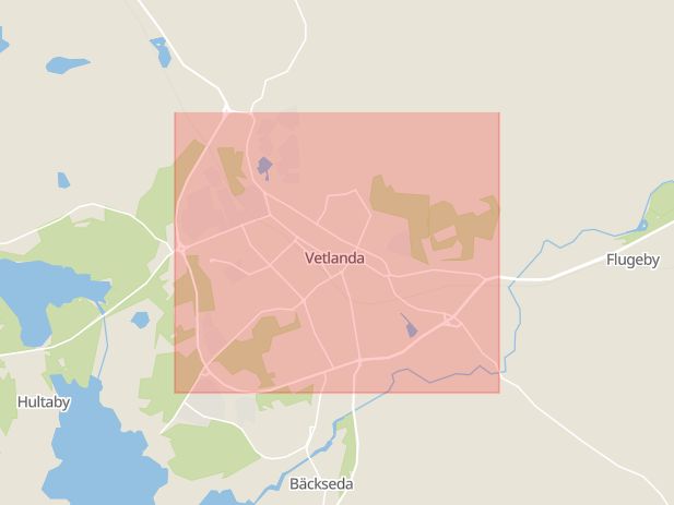 Karta som med röd fyrkant ramar in Västerleden, Vetlanda, Sävsjö, Tranås, Jönköpings län