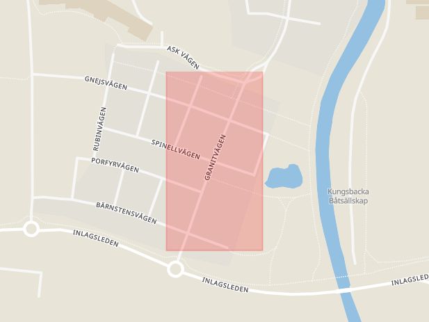 Karta som med röd fyrkant ramar in Spinellvägen, Granitvägen, Kungsbacka, Hallands län