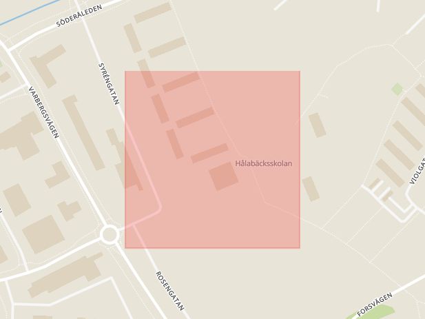 Karta som med röd fyrkant ramar in Blomstergatan, Hålabäck, Rosengatan, Syrengatan, Kungsbacka, Hallands län