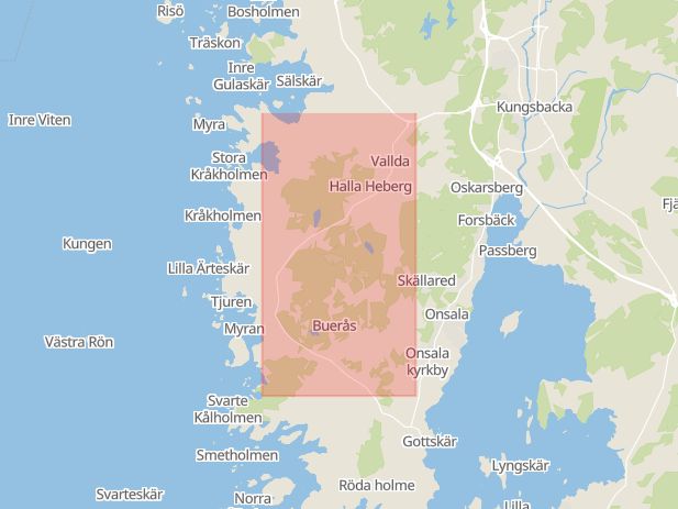 Karta som med röd fyrkant ramar in Valldavägen, Kungsbacka, Hallands län