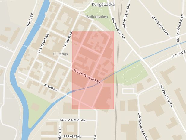 Karta som med röd fyrkant ramar in Östergatan, Kungsbacka, Hallands län