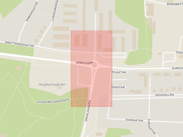 Karta som med röd fyrkant ramar in Kungsgatan, Säröleden, Tingberget, Kungsbacka, Hallands län