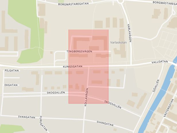 Karta som med röd fyrkant ramar in Kollavägen, Kungsgatan, Kungsbacka, Hallands län