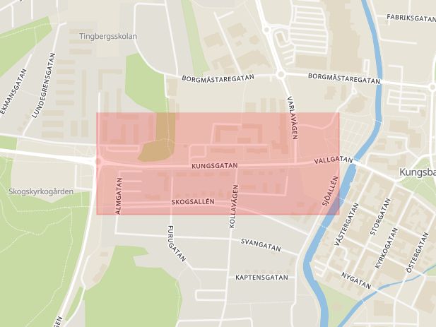 Karta som med röd fyrkant ramar in Kungsgatan, Kungsbacka, Hallands län
