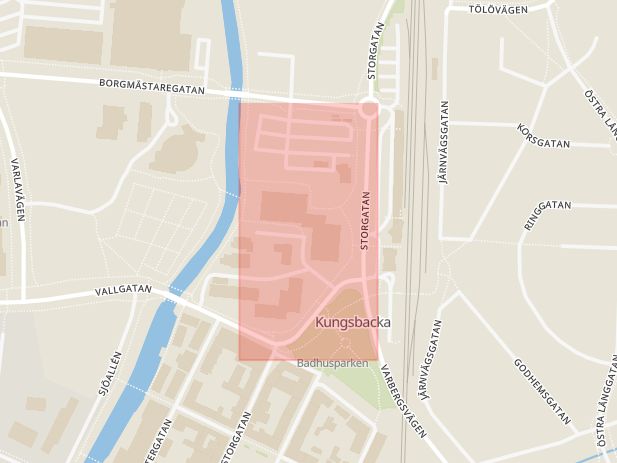 Karta som med röd fyrkant ramar in Storgatan, Kungsbacka, Stadshuset, Hallands län