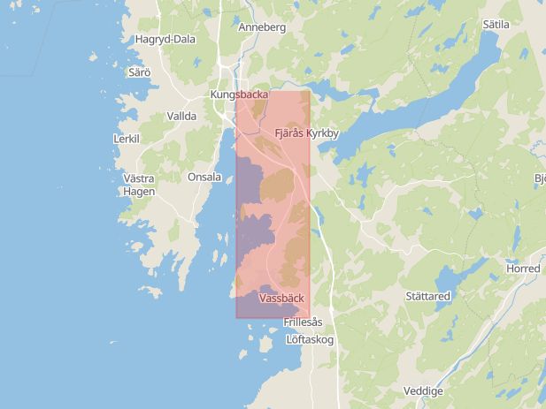 Karta som med röd fyrkant ramar in Varbergsvägen, Hanhals, Kungsbacka, Hallands län