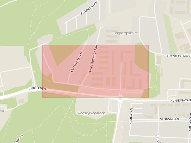 Karta som med röd fyrkant ramar in Drottninggatan, Kungsbacka, Hallands län