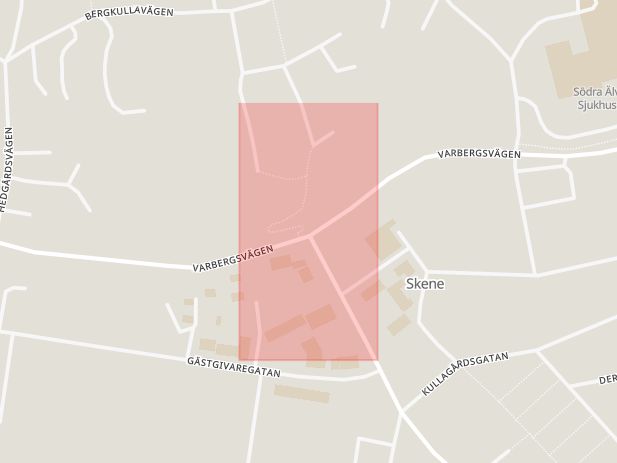 Karta som med röd fyrkant ramar in Varbergsvägen, Örbyvägen, Skene, Mark, Västra Götalands län