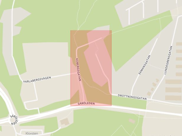 Karta som med röd fyrkant ramar in Kobergsgatan, Kungsbacka, Hallands län