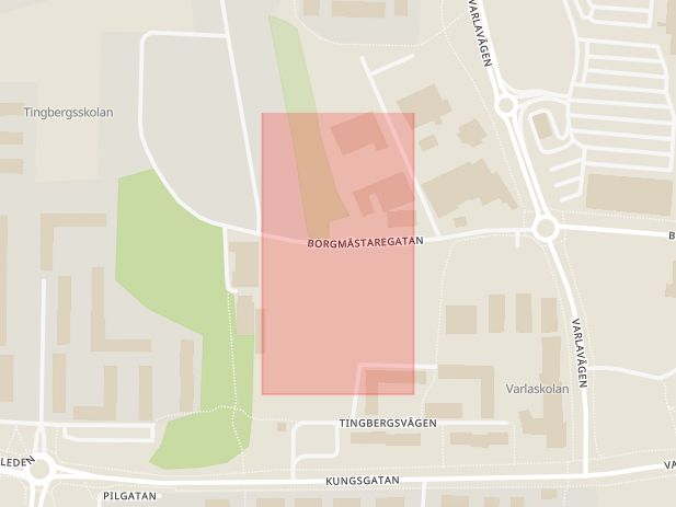 Karta som med röd fyrkant ramar in Kungsbacka, Klovstensvägen, Tingberget, Tingbergsvallen, Sahlgrenska Sjukhuset, Hallands län