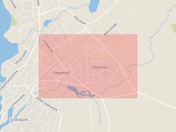 Karta som med röd fyrkant ramar in Storgatan, Vaggeryd, Jönköpings län