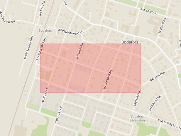 Karta som med röd fyrkant ramar in Kyrkogatan, Bodafors, Nässjö, Jönköpings län