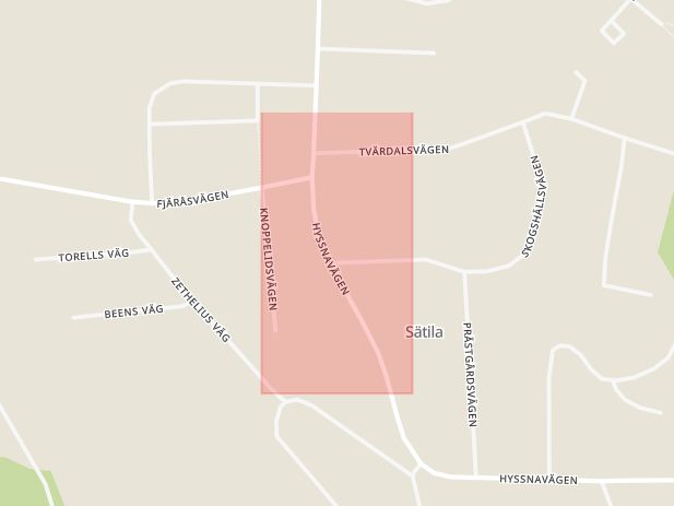 Karta som med röd fyrkant ramar in Sätila, Hyssnavägen, Lisakullavägen, Mark