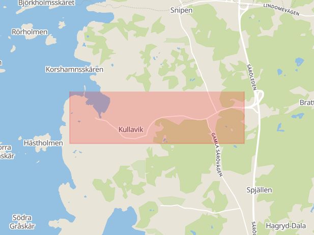 Karta som med röd fyrkant ramar in Kullavik, Kullaviksvägen, Kungsbacka, Hallands län