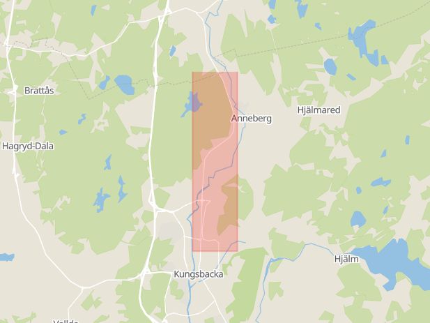 Karta som med röd fyrkant ramar in Göteborgsvägen, Anneberg, Kungsbacka