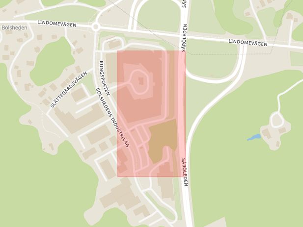 Karta som med röd fyrkant ramar in Säröleden, Askims Stationsväg, Göteborg, Hallands län