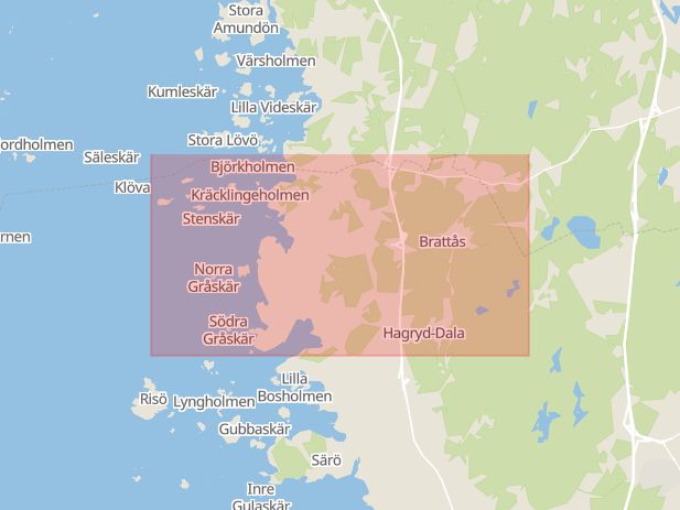 Karta som med röd fyrkant ramar in Kullavik, Kungsbacka, Brogård, Halmstad, Hallands län