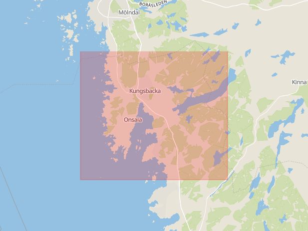 Karta som med röd fyrkant ramar in Kungsbacka, Falkenberg, Pärlvägen, Hallands län