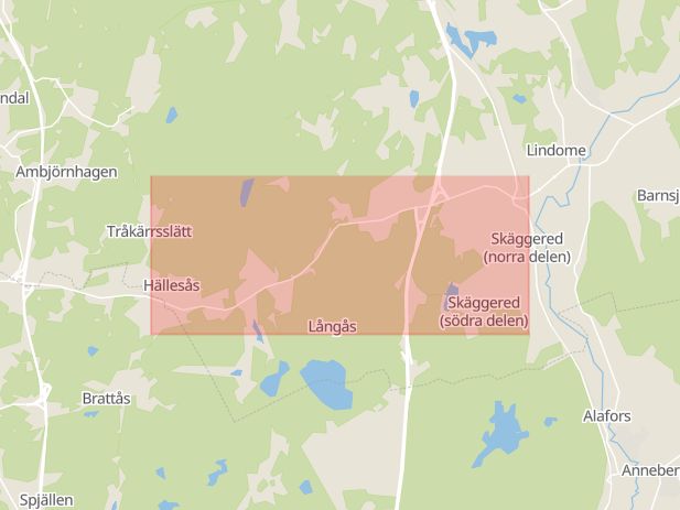 Karta som med röd fyrkant ramar in Lindome, Spårhagavägen, Mölndal, Västra Götalands län