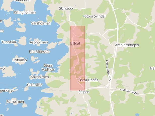 Karta som med röd fyrkant ramar in Södra Särövägen, Billdal, Göteborg, Västra Götalands län