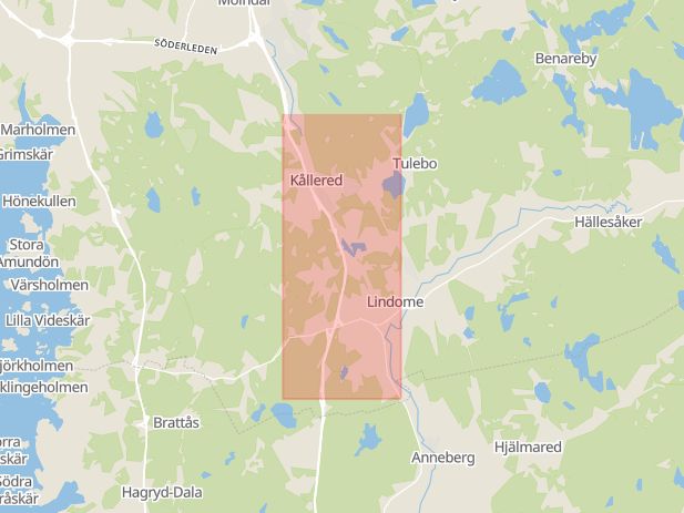 Karta som med röd fyrkant ramar in Gamla Riksvägen, Lindome, Mölndal, Västra Götalands län