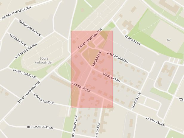 Karta som med röd fyrkant ramar in Visby, Frejgatan, Gotland, Gotlands län