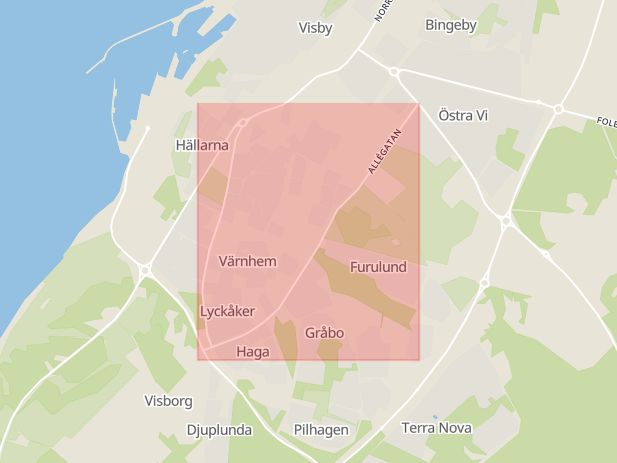 Karta som med röd fyrkant ramar in Visby, Allégatan, Gotland, Gotlands län
