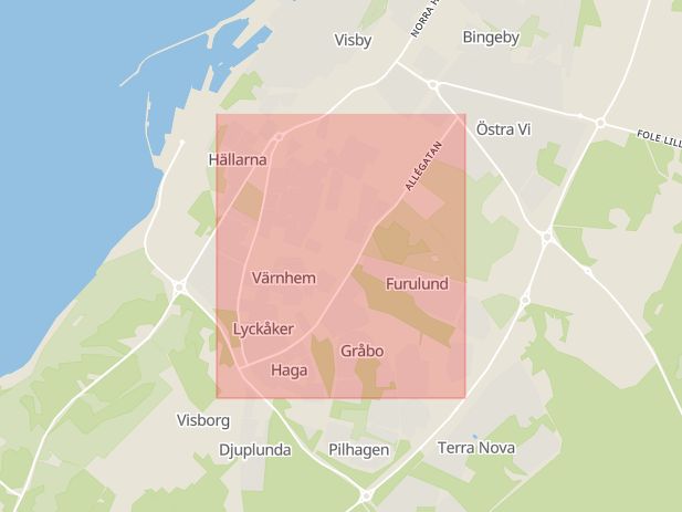 Karta som med röd fyrkant ramar in Allégatan, Visby, Gotland, Gotlands län