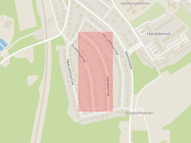 Karta som med röd fyrkant ramar in Skånegatan, Nässjö, Jönköpings län