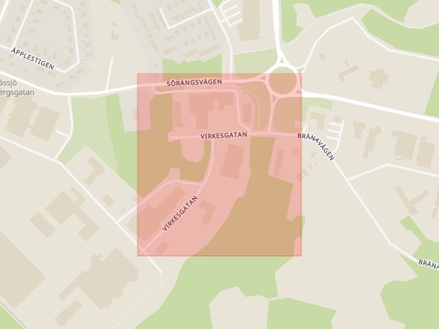 Karta som med röd fyrkant ramar in Nässjö, Virkesgatan, Värnamo, Jönköpings län