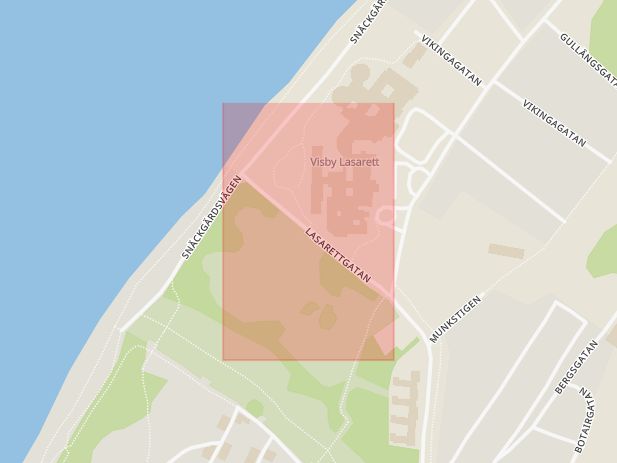 Karta som med röd fyrkant ramar in Lasarettgatan, Gustavsvik, Gotland, Gotlands län