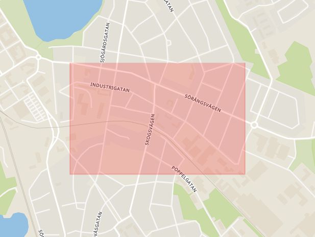 Karta som med röd fyrkant ramar in Industrigatan, Nässjö, Jönköpings län