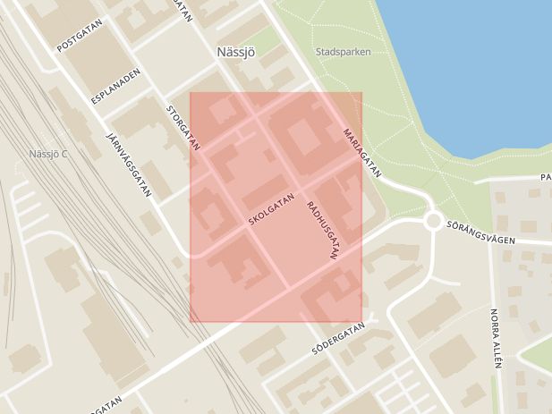 Karta som med röd fyrkant ramar in Vetlanda, Skolgatan, Nässjö, Jönköpings län