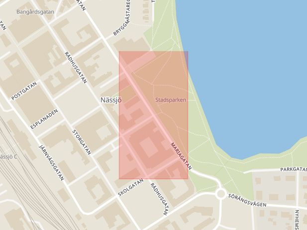 Karta som med röd fyrkant ramar in Mariagatan, Nygatan, Nässjö, Jönköpings län