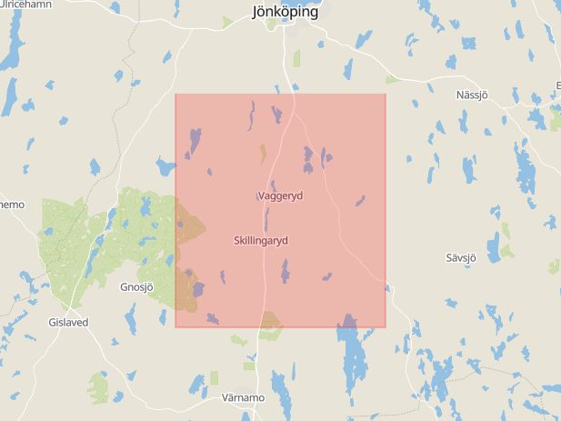 Karta som med röd fyrkant ramar in Anderstorp, Gislaveds Kommun, Skillingaryd, Jönköpings län