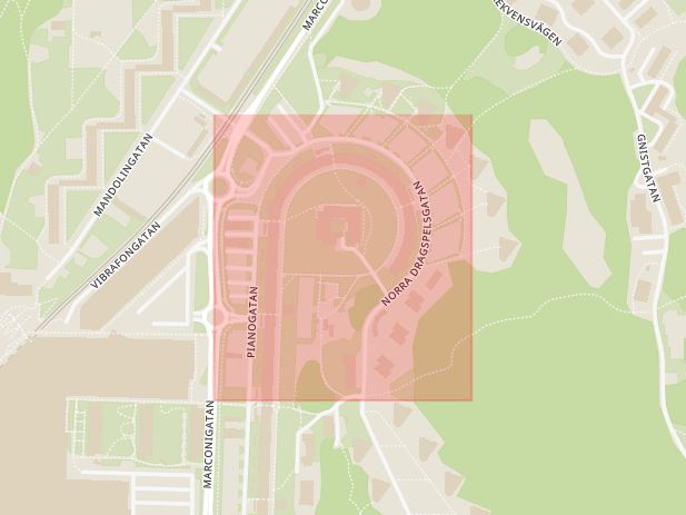 Karta som med röd fyrkant ramar in Norra Dragspelsgatan, Göteborg, Västra Götalands län