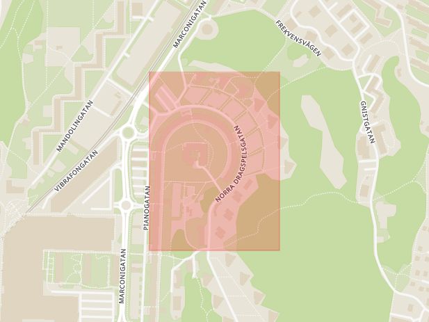Karta som med röd fyrkant ramar in Järnbrott, Norra Dragspelsgatan, Göteborg, Västra Götalands län