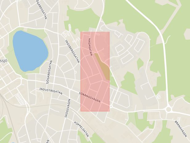 Karta som med röd fyrkant ramar in Hagagatan, Nässjö, Jönköpings län