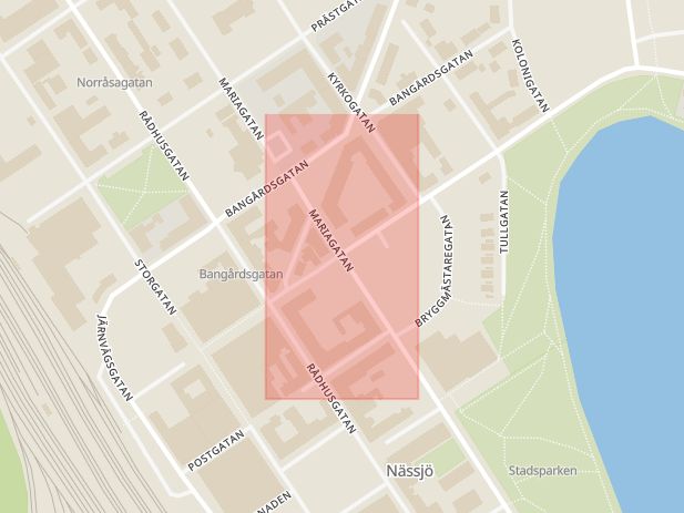 Karta som med röd fyrkant ramar in Mariagatan, Köpmansgatan, Nässjö, Jönköpings län