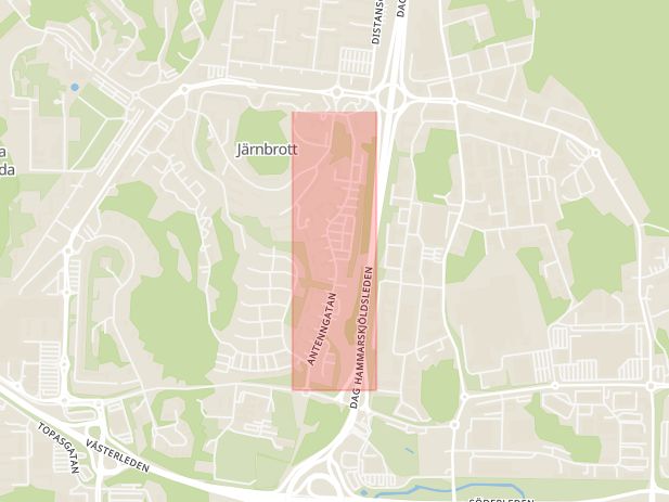 Karta som med röd fyrkant ramar in Antenngatan, Västra Frölunda, Göteborg, Västra Götalands län