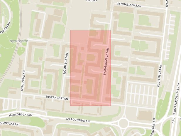 Karta som med röd fyrkant ramar in Distansgatan, Flatås, Göteborg, Västra Götalands län