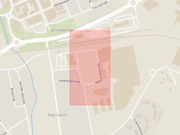 Karta som med röd fyrkant ramar in Industrigatan, Eksjö, Jönköpings län