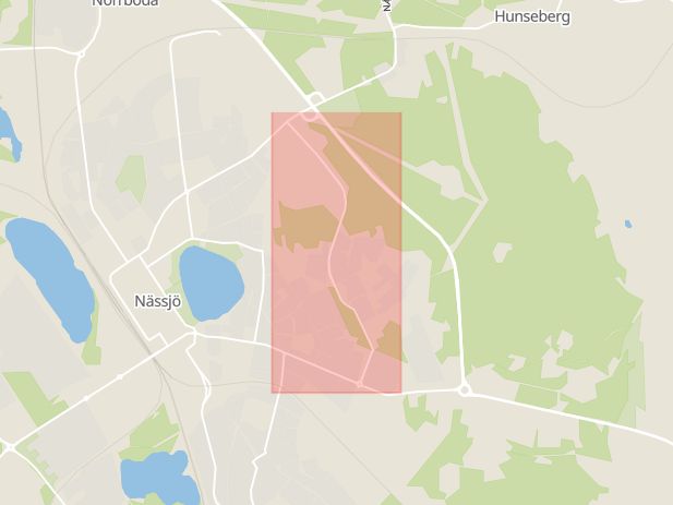 Karta som med röd fyrkant ramar in Björnbärsvägen, Nässjö, Jönköpings län