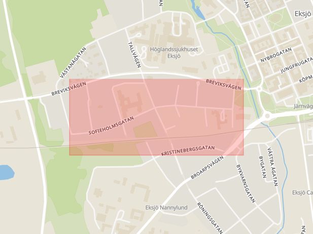 Karta som med röd fyrkant ramar in Sofieholmsgatan, Eksjö, Jönköpings län