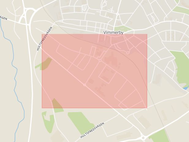 Karta som med röd fyrkant ramar in Södra Industrigatan, Vimmerby, Kalmar län