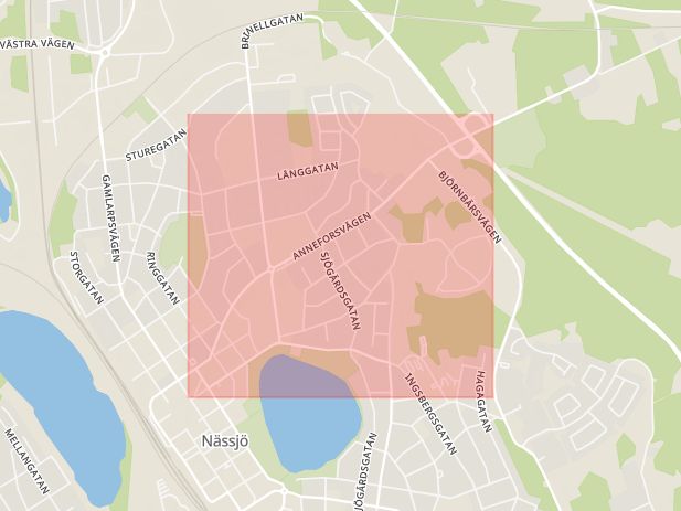 Karta som med röd fyrkant ramar in Anneforsvägen, Nässjö, Jönköpings län